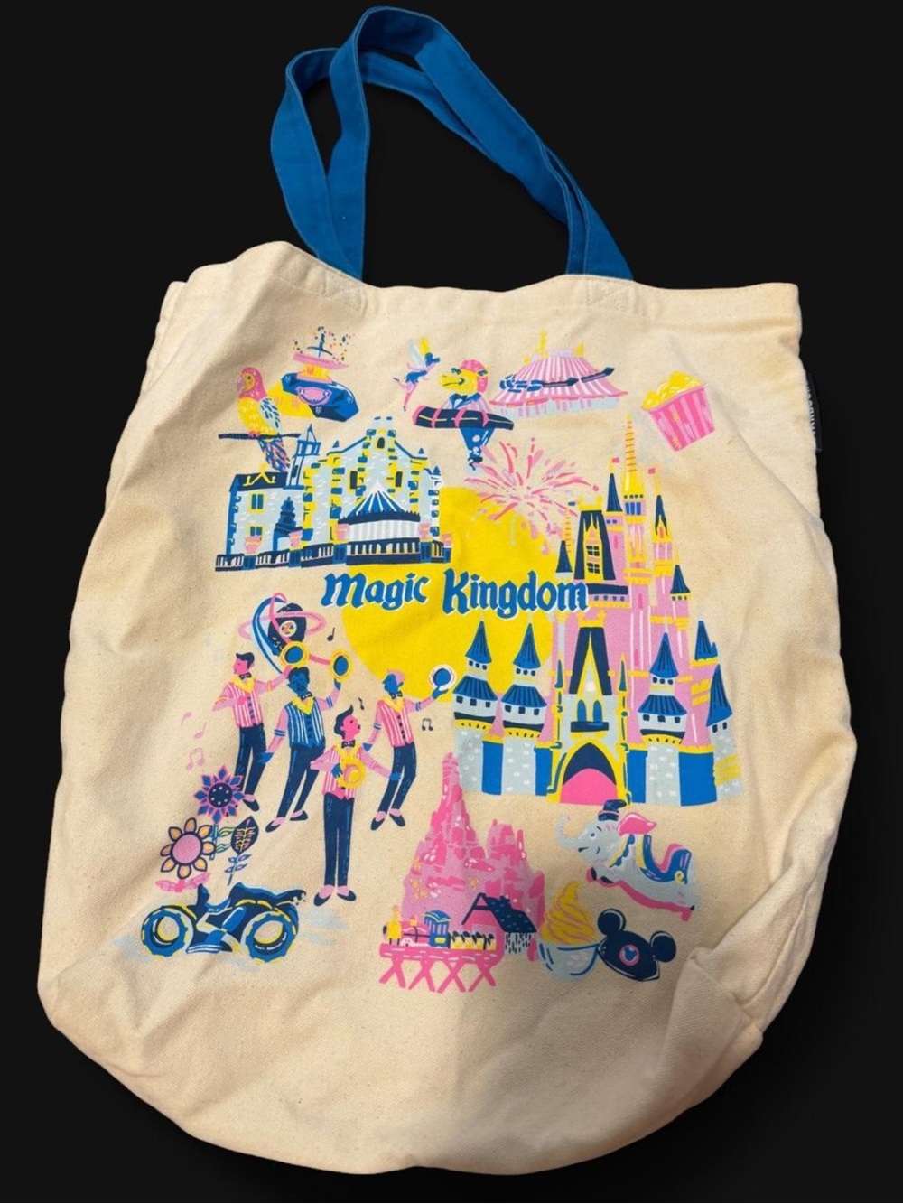 Magic Kingdom Canvas Tote Bag - Cream with Blue & Pink Print